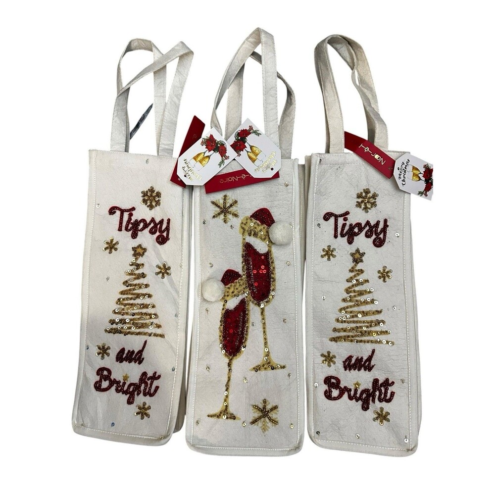 3 Noor-è-Noire Felt  gift bags for wine bottle, Tipsy And Bright Christmas NWT